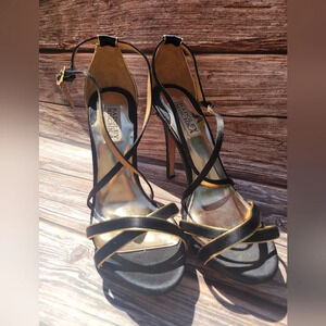 Badgley Mischka Shoes Black Gold Satin Sandal Womens Strappy High Heels Size 7.5
